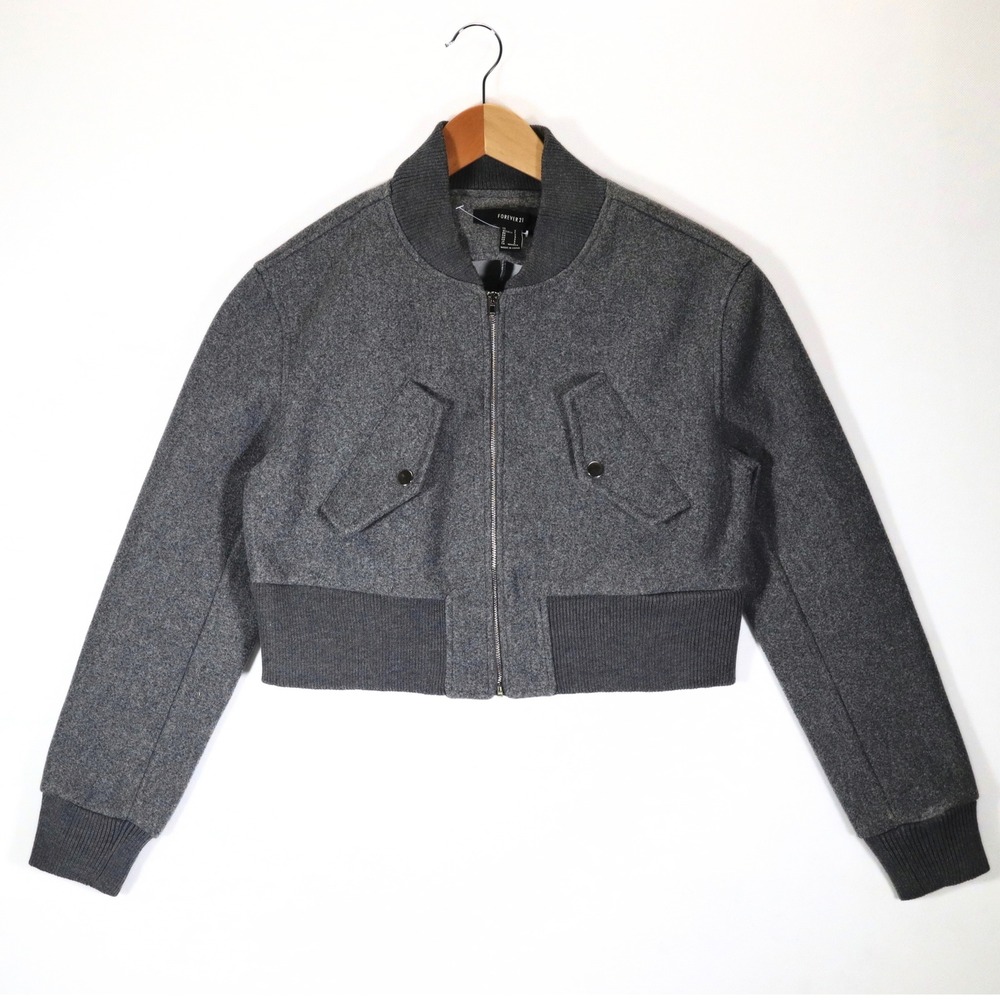 Forever 21 Bomber Jacket Womens S Gray Cropped Zip Up Casual Fall Outerwear